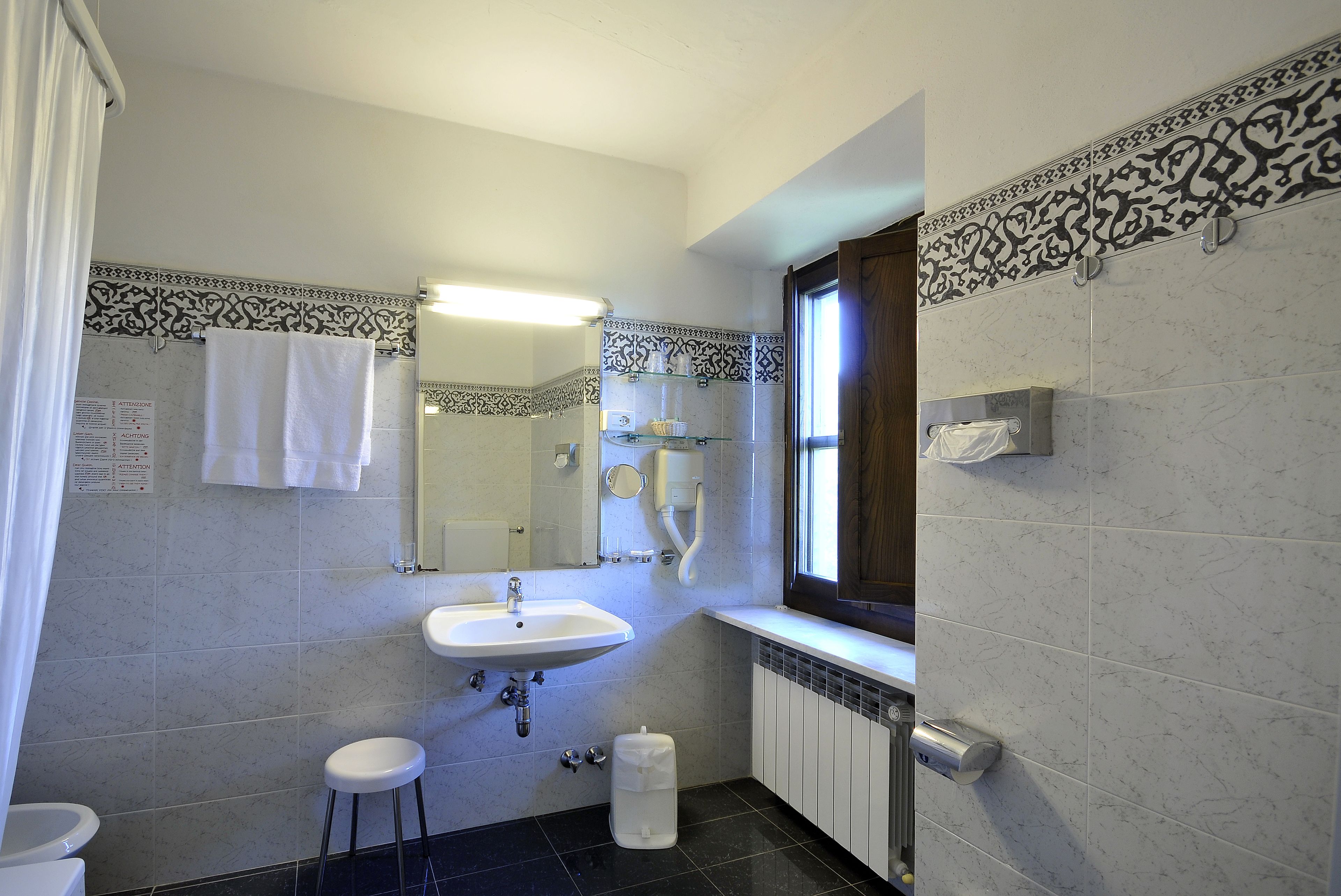 hair dryer, bidet, towels