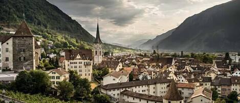 Une ville dotée de bâtiments historiques, d’une église remarquable et entourée de montagnes.