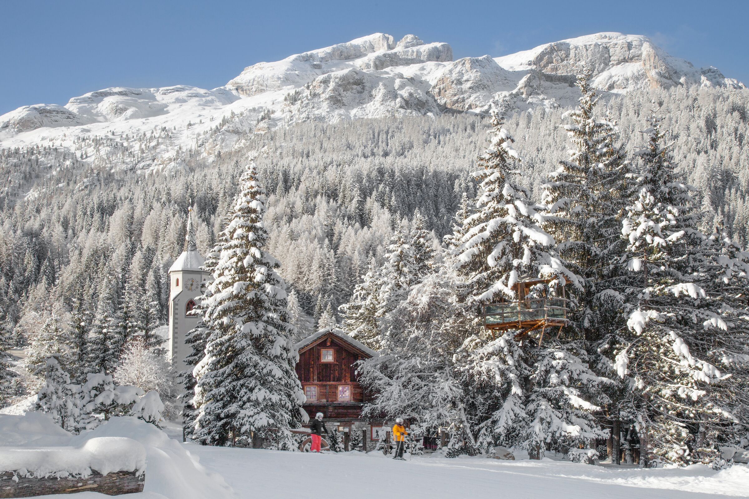 Un chalet en bois entouré d’arbres et de montagnes couverts de neige.