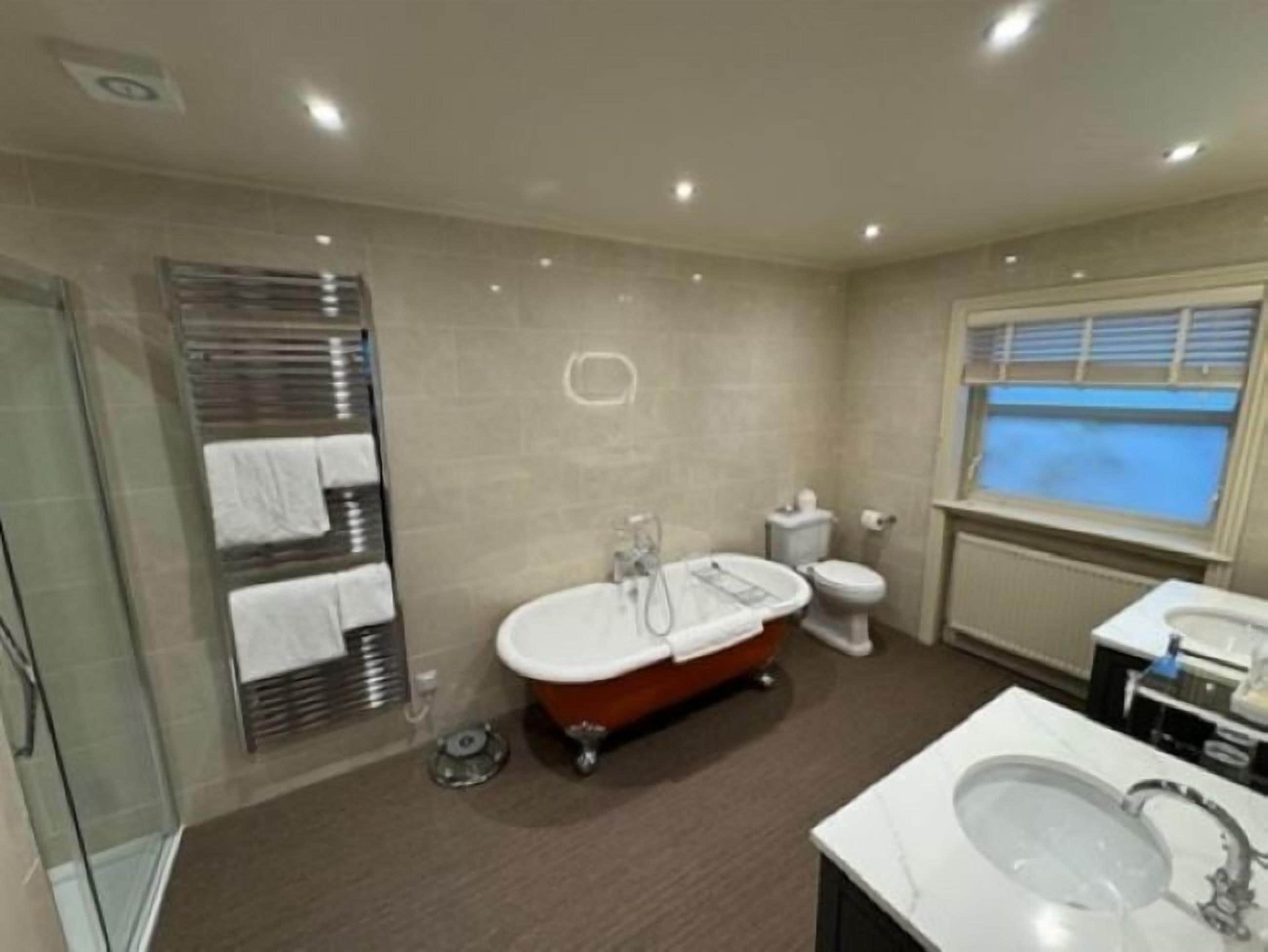 A modern bathroom with a glass shower enclosure, a freestanding bathtub, a toilet, and a sink with a mirror.