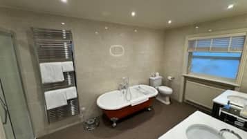 A modern bathroom with a glass shower enclosure, a freestanding bathtub, a toilet, and a sink with a mirror.