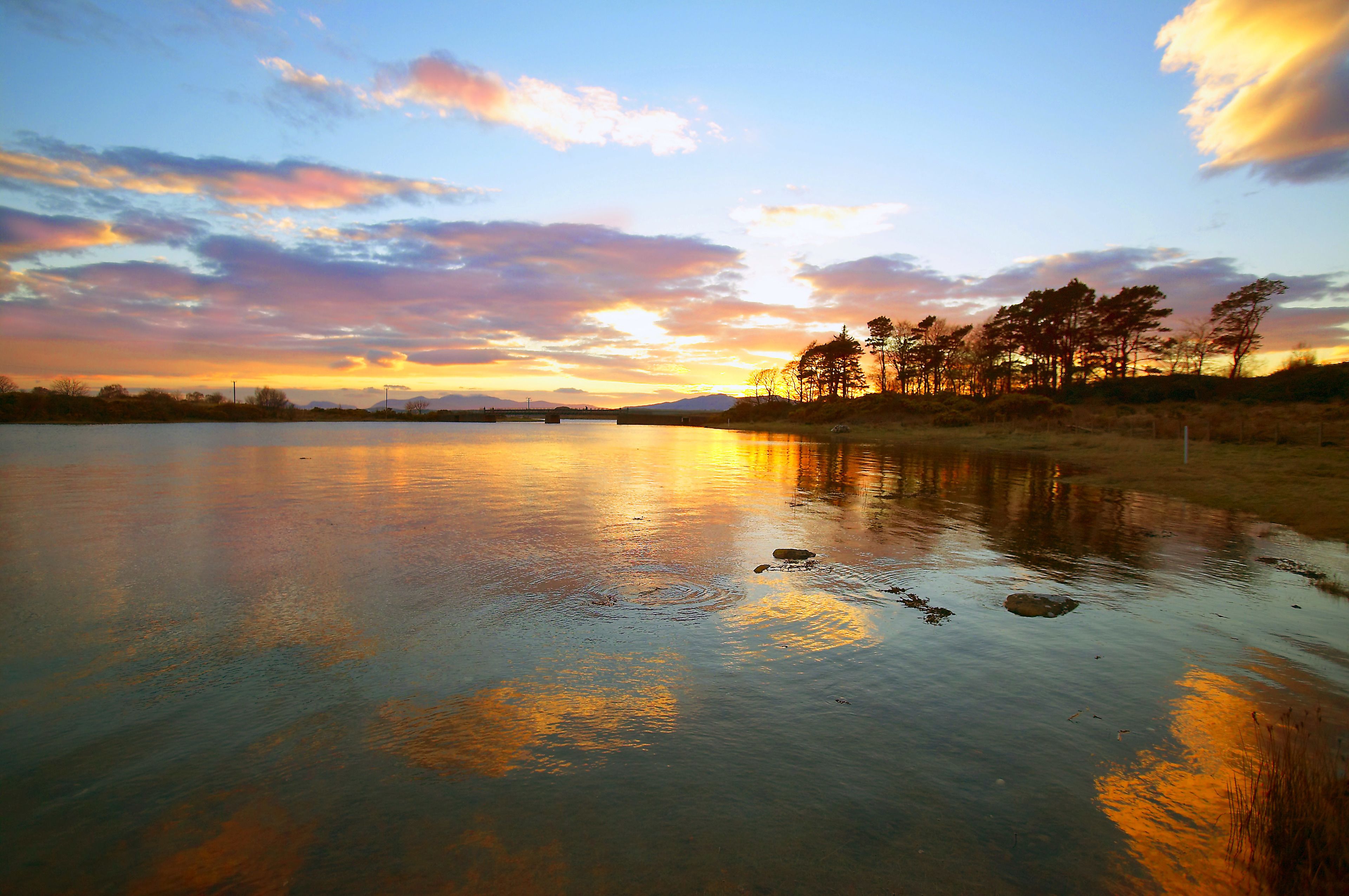A calm lake at sunset with trees reflecting the sky.