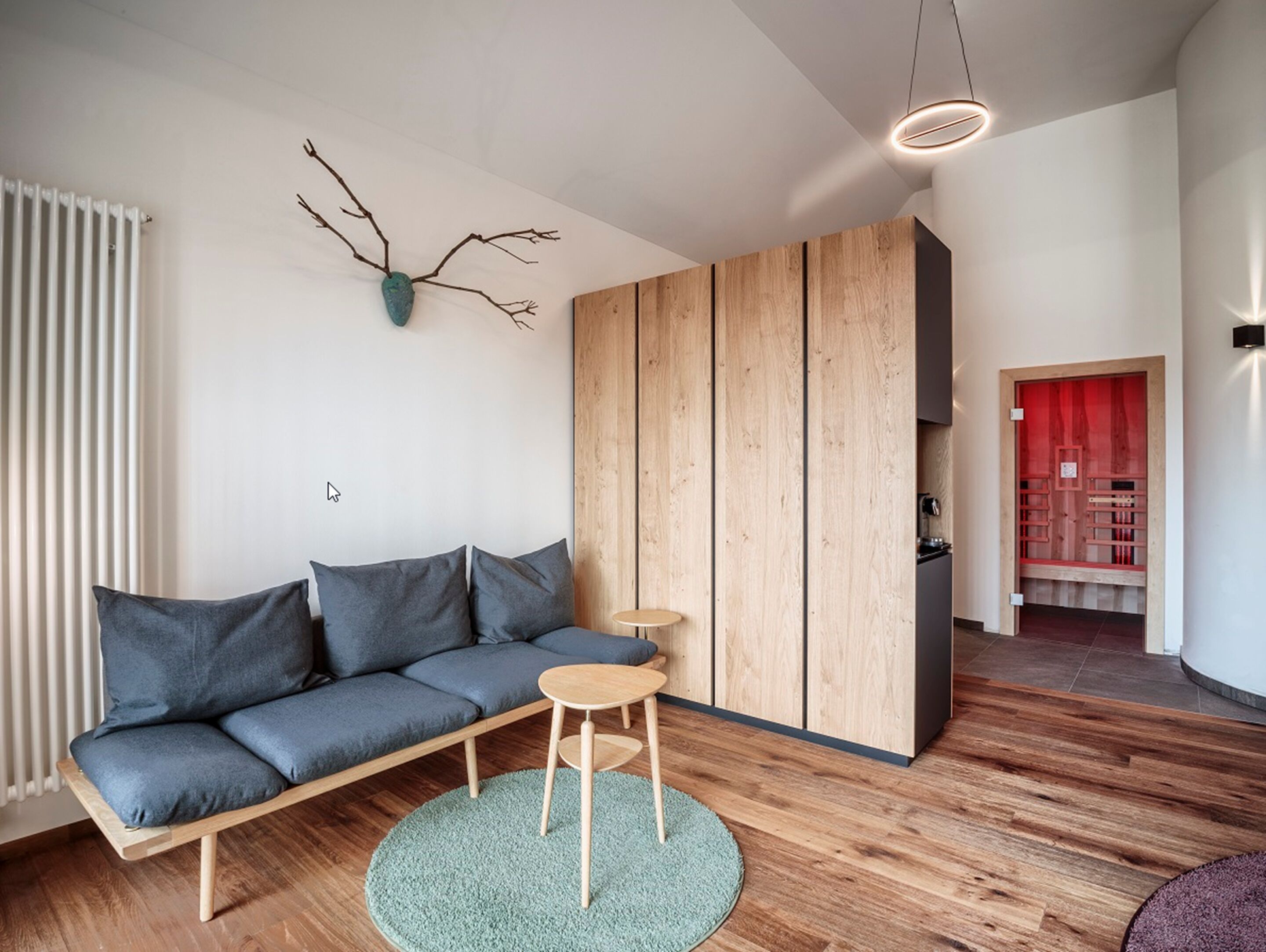 Uma sala de estar moderna com um sofá cinzento, piso de madeira, um tapete redondo e uma decoração de galho fixada na parede.