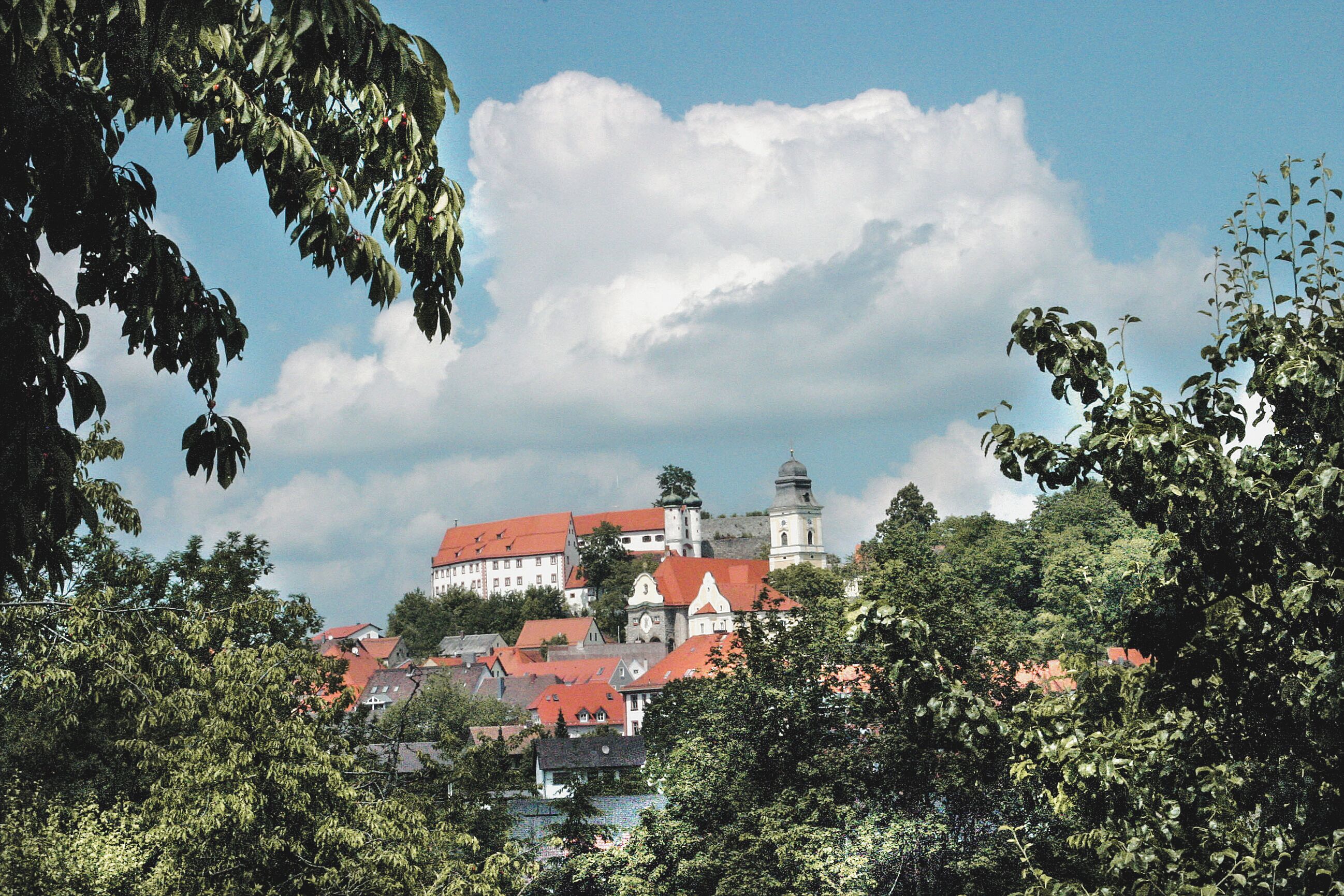 A historic town with buildings, a prominent tower, and lush greenery.