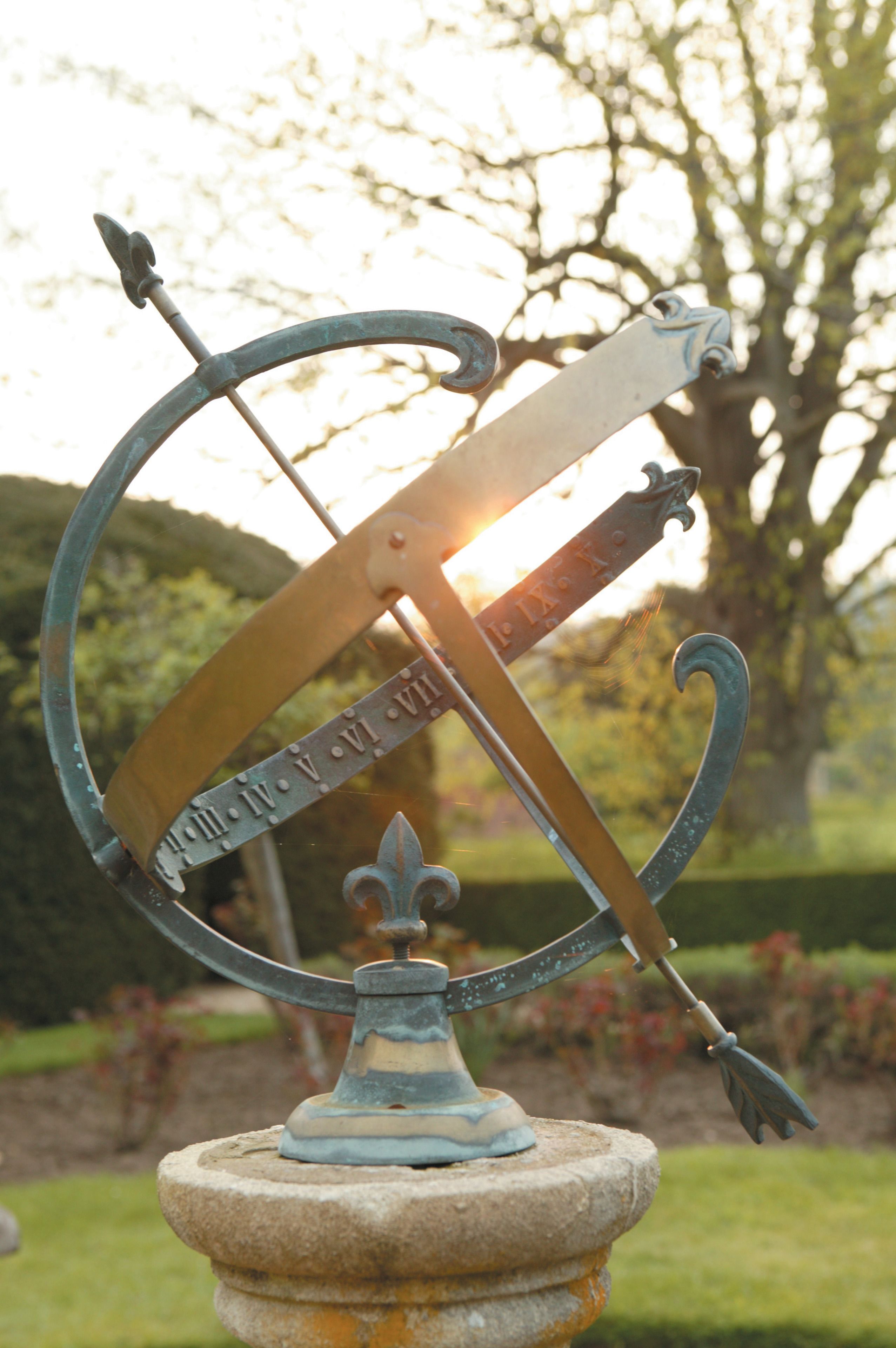 A sundial with Roman numerals and a fleur-de-lis base, set in a garden with a tree and grass in the background.
