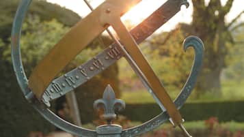 A sundial with Roman numerals and a fleur-de-lis base, set in a garden with a tree and grass in the background.