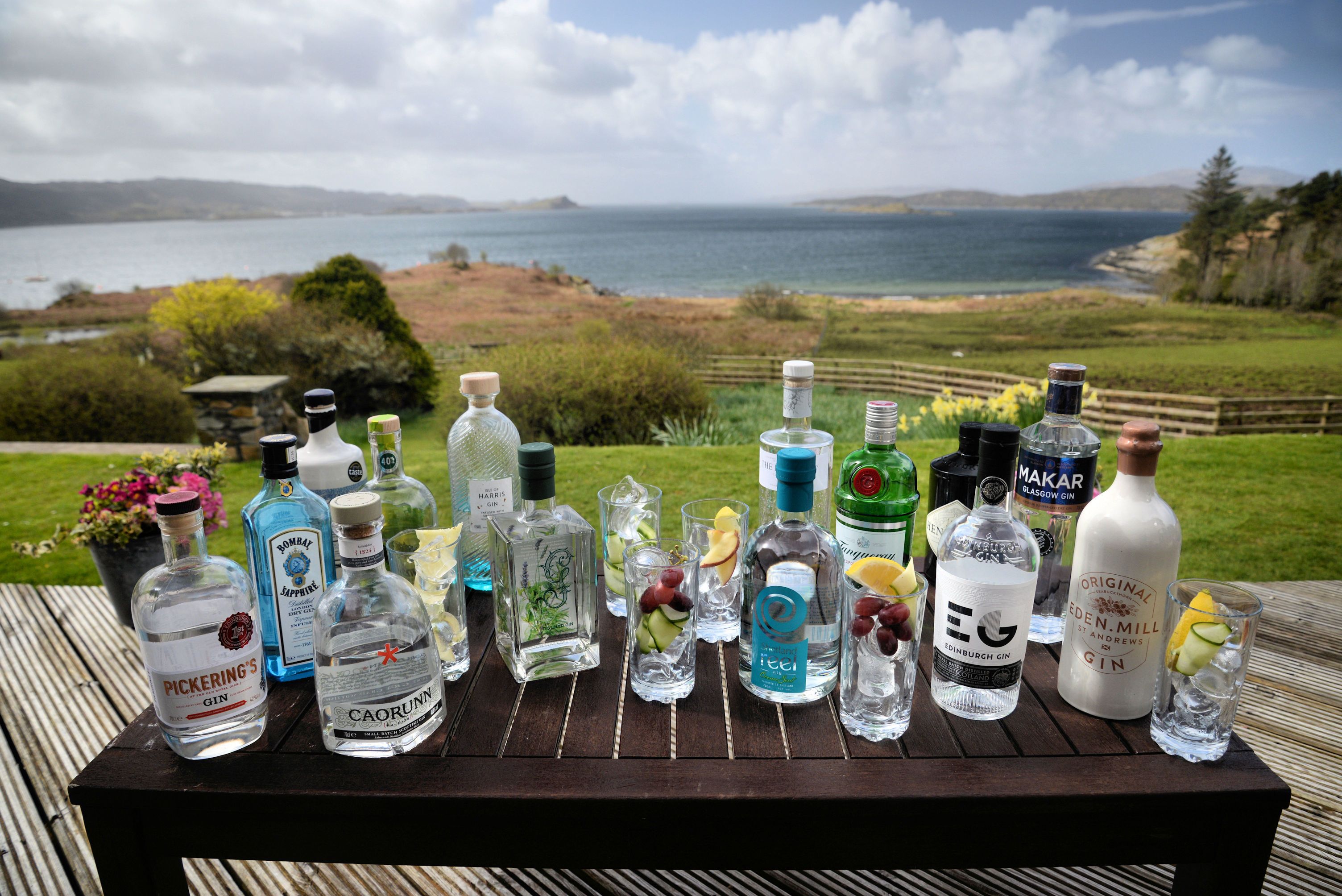 A table with various bottles of gin and other spirits, set against a scenic backdrop of a lake and hills.