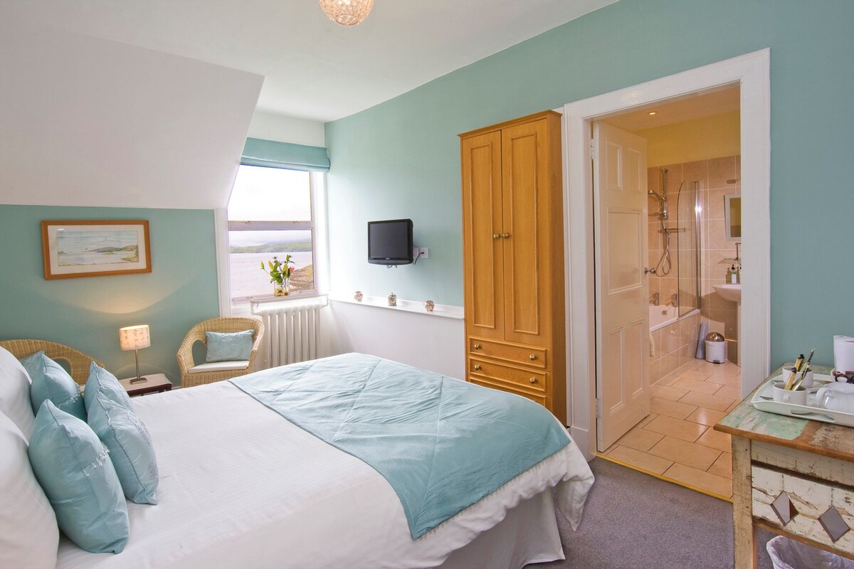 A bedroom with a bed, a television, a wardrobe, a window with a view, and a bathroom with a shower.