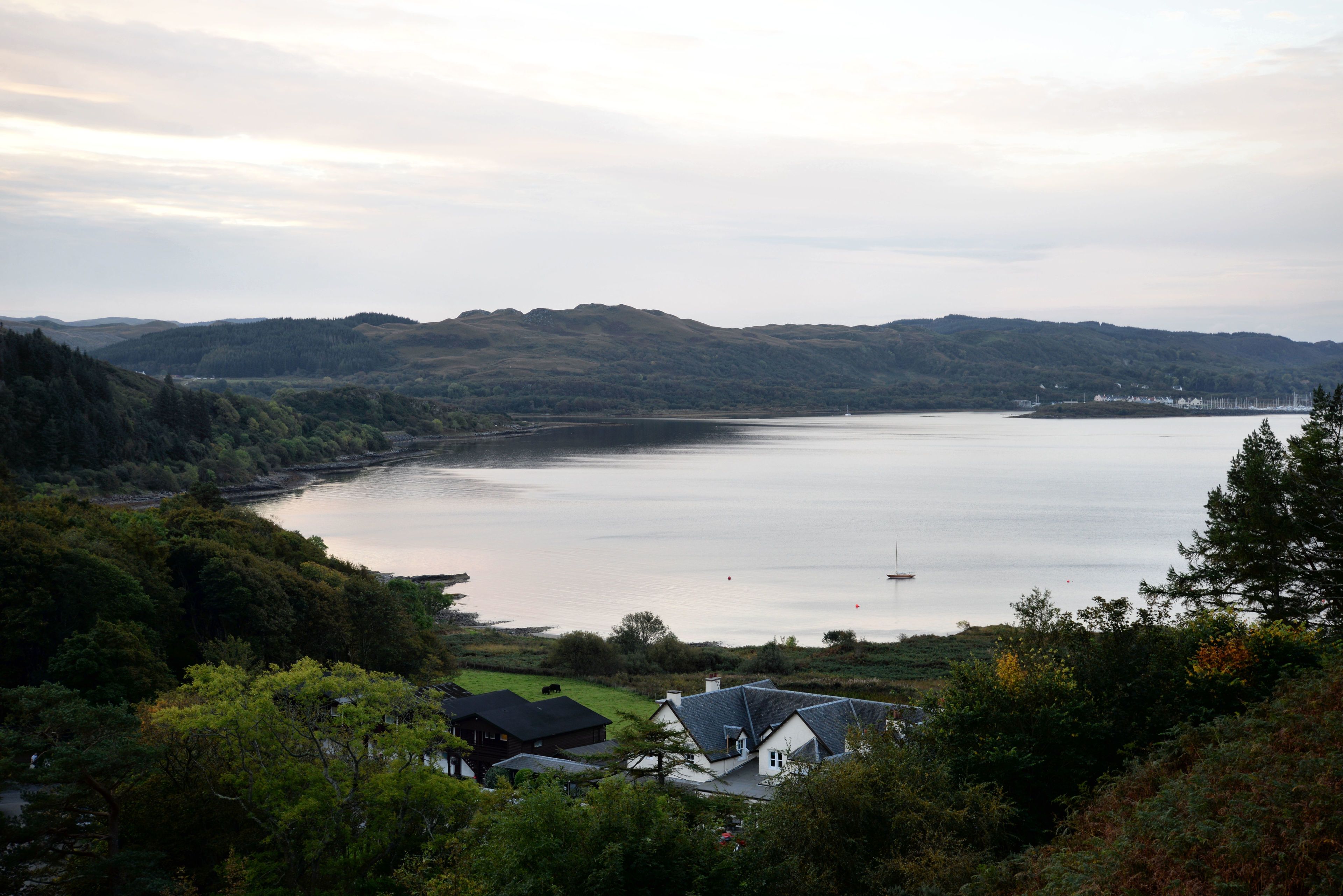 A coastal landscape with a view of a calm sea, rolling hills, and a small settlement with houses and a boat.