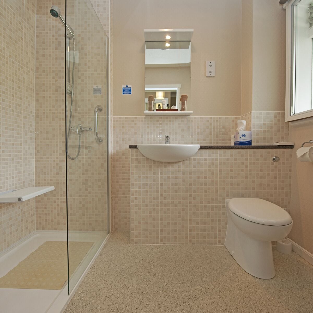 Un baño con ducha de vidrio, lavamanos blanco y retrete.