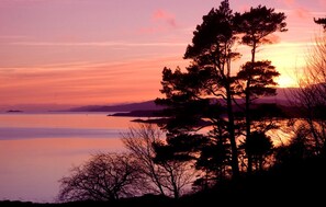 A sunset over a calm body of water with trees silhouetted against the sky. - Loch Melfort Hotel (Oban)
