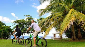 Two people riding bicycles on a grassy area with palm trees and a view of the ocean.