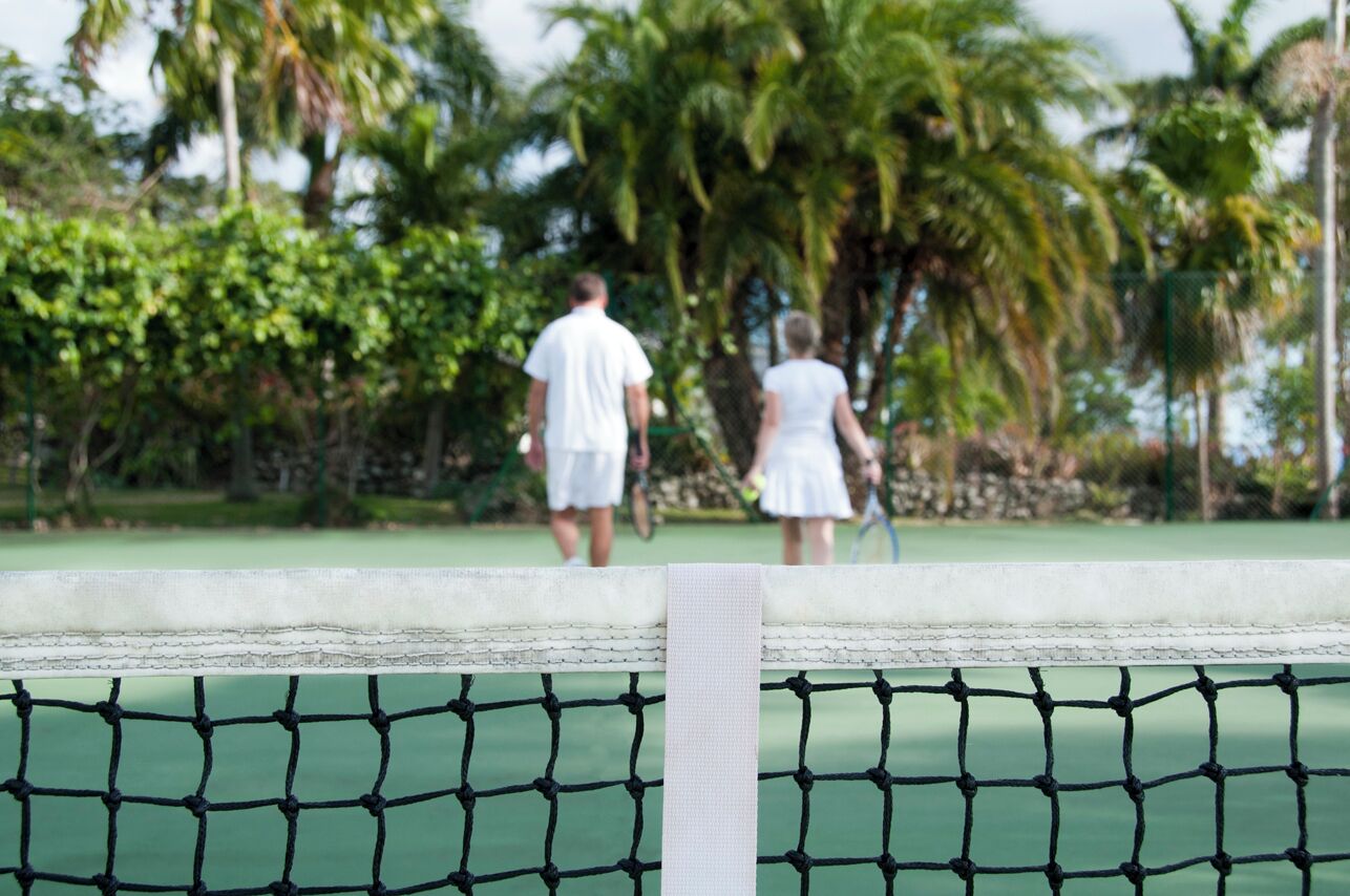 Una cancha de tenis con red, rodeada de follaje y palmeras.