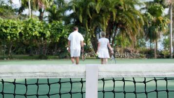 Una cancha de tenis con red, rodeada de follaje y palmeras.
