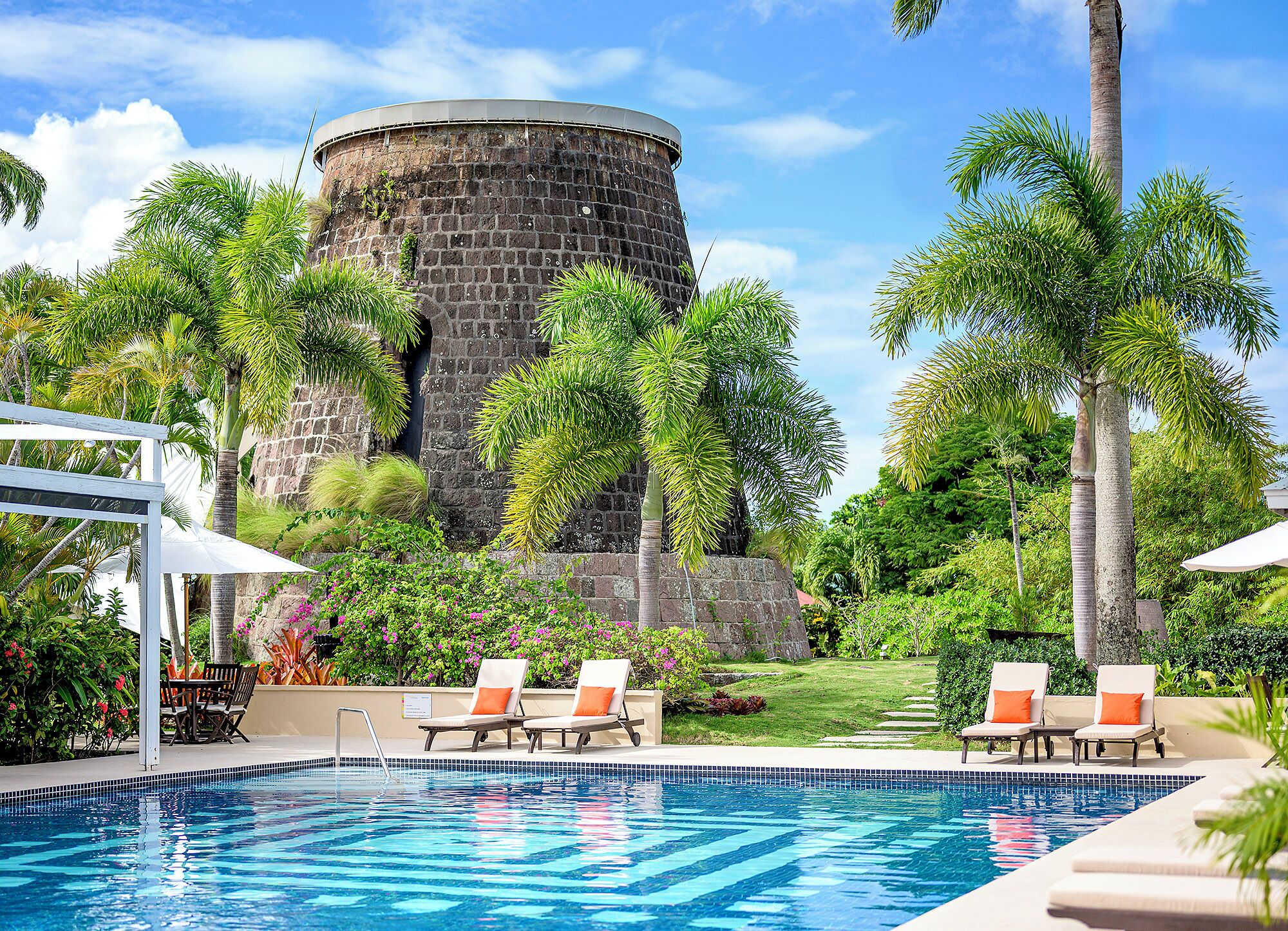 Outdoor pool, pool umbrellas, pool loungers