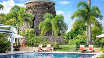 Outdoor pool, pool umbrellas, pool loungers