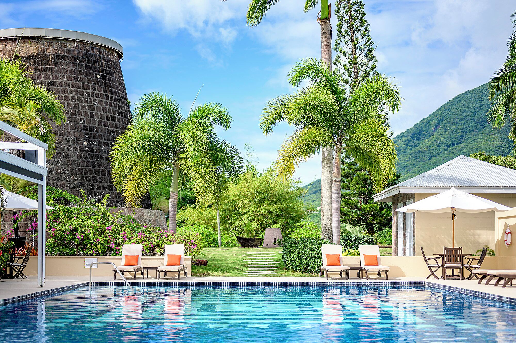 Outdoor pool, pool umbrellas, pool loungers