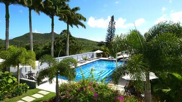 Outdoor pool, pool umbrellas, pool loungers