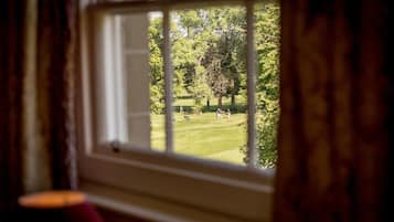 Una ventana con vistas a un césped verde y árboles.