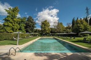 A rectangular swimming pool with clear water, surrounded by lounge chairs and umbrellas, set against a backdrop of trees and a clear sky.