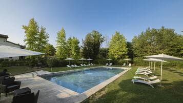 Utomhuspool, öppet 09.00 till 20.00, parasoller och solstolar