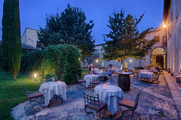 Dinner served, Italian cuisine, garden views 
