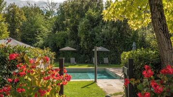 Outdoor pool, open 9:00 AM to 8:00 PM, pool umbrellas, sun loungers