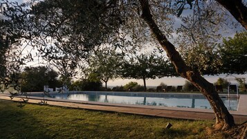 Piscina con muelle de madera, rodeada de césped y árboles.