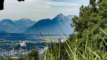 A mountainous landscape with a town in the valley, surrounded by greenery and mountains.