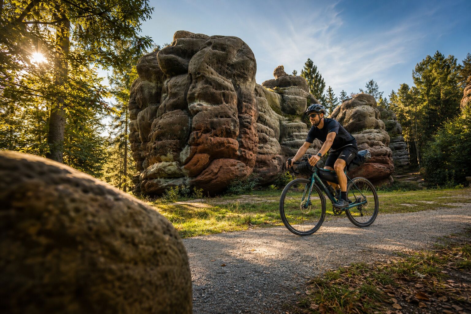A person riding a bicycle on a gravel path with large rock formations in the background.