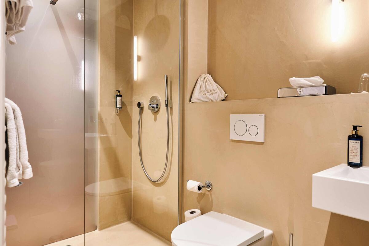 hair dryer, bathrobes, slippers, towels