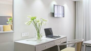 In-room safe, desk, laptop workspace, blackout curtains