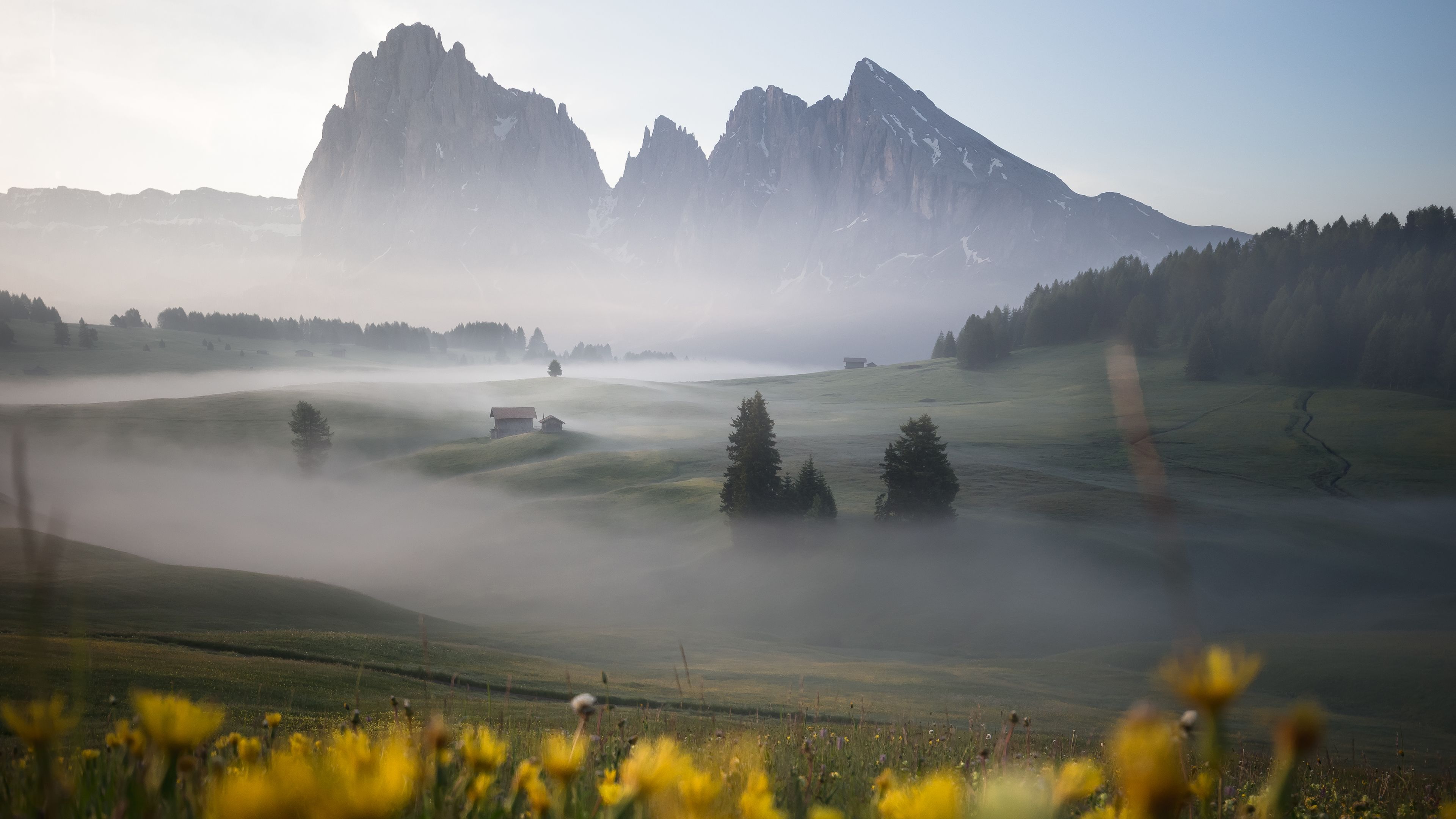 A mountainous landscape with a small cabin, surrounded by fog and greenery.