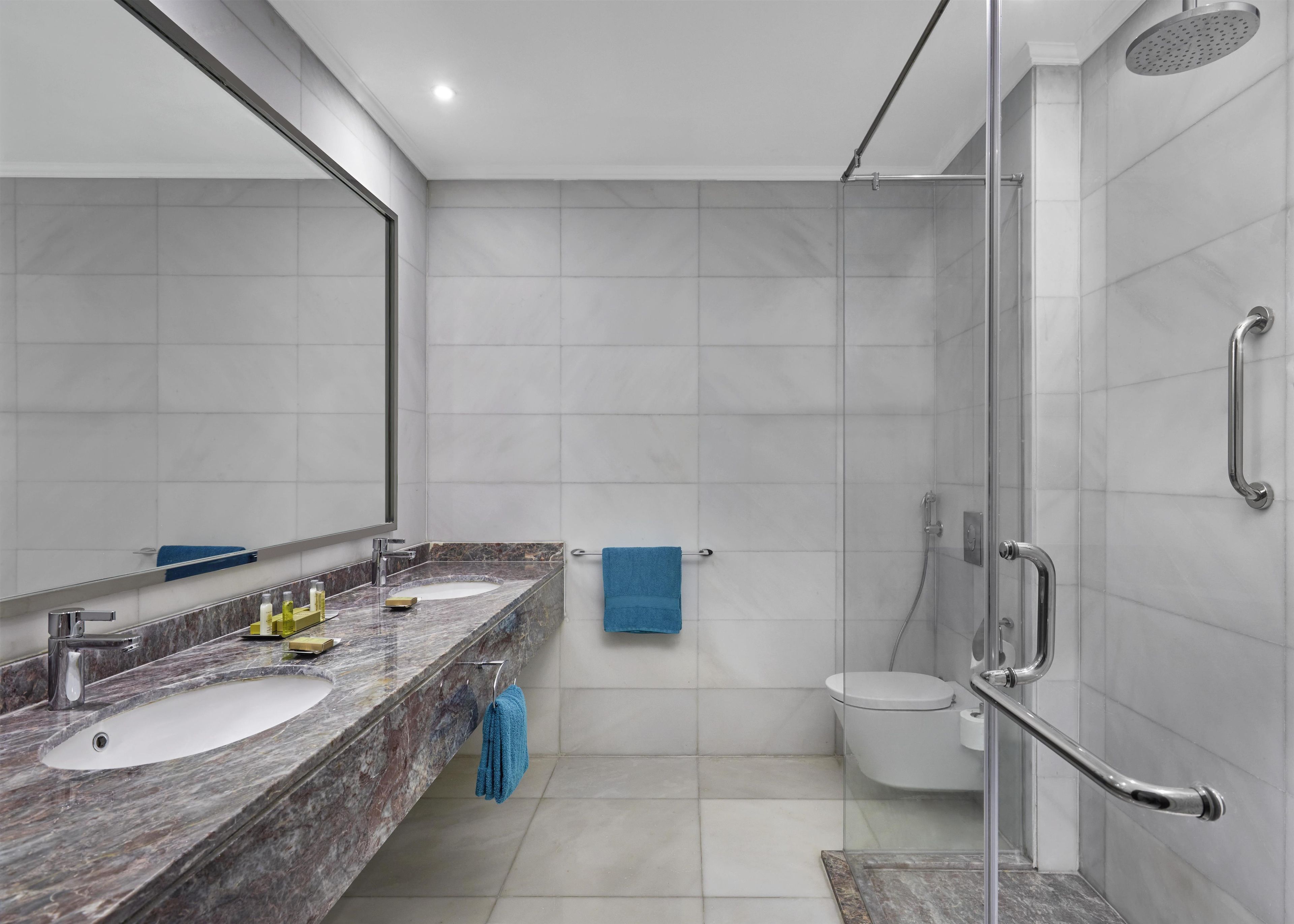 A modern bathroom with a dual sink vanity, a glass shower enclosure, and a toilet.