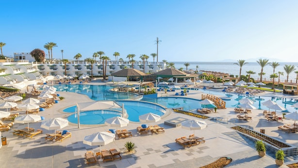 A resort pool area with multiple swimming pools, sun loungers, umbrellas, and palm trees. - Safir Sharm Waterfalls Resort (Sharm El Sheikh)
