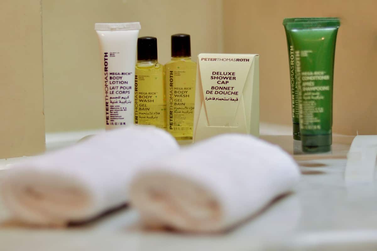 bathtub, free toiletries, hair dryer, bathrobes