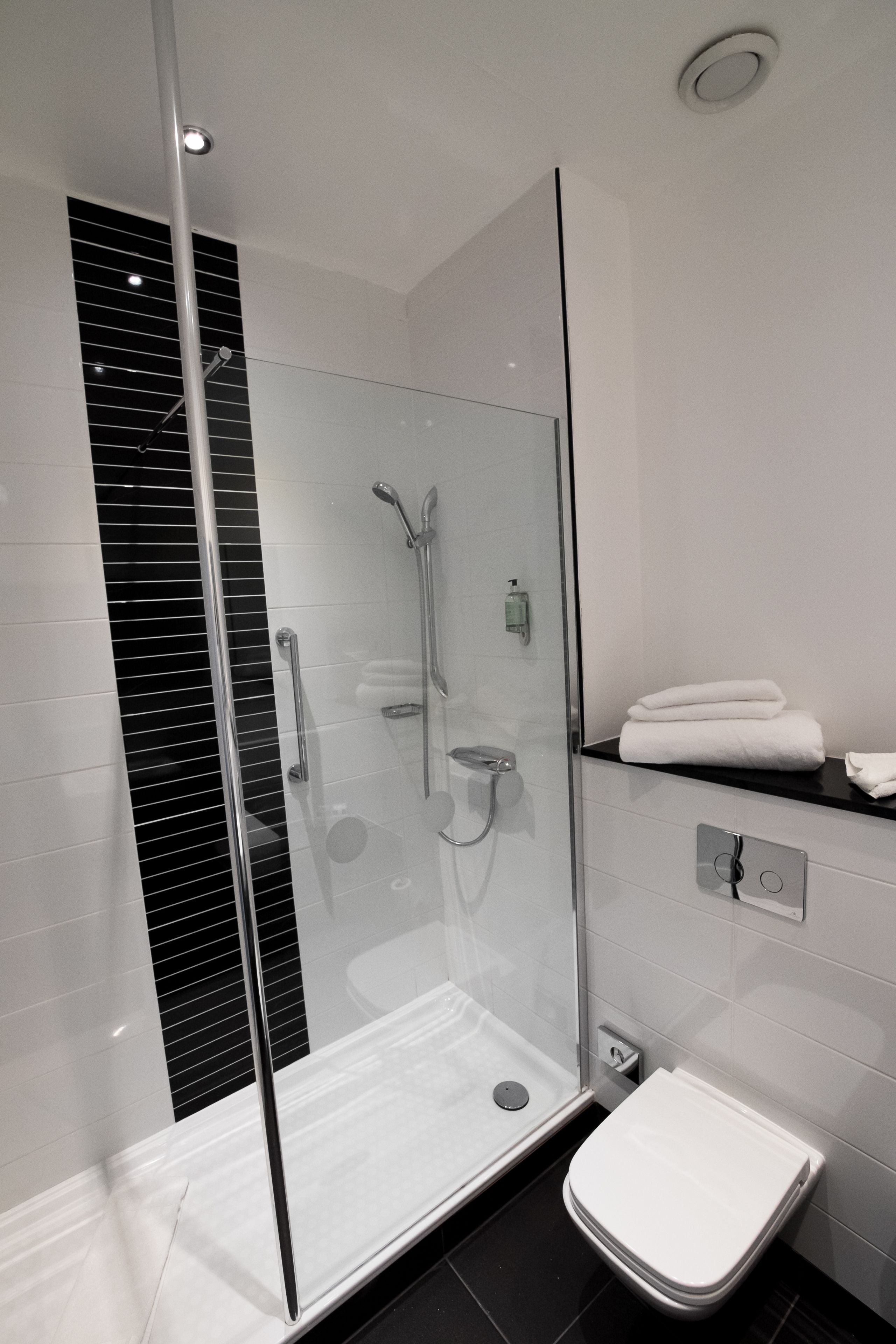 A modern bathroom with a glass-enclosed shower, a white toilet, and a towel rack.