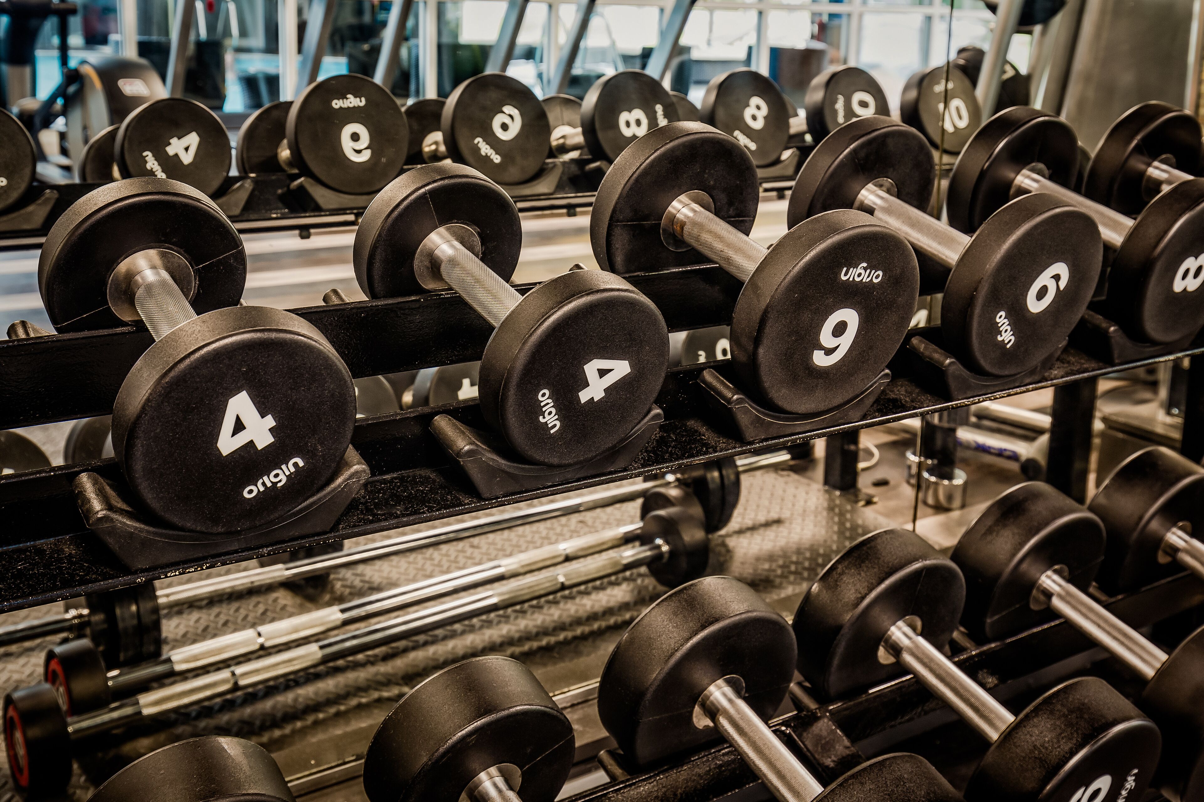 A rack of dumbbells with weights labeled from 4 to 10.