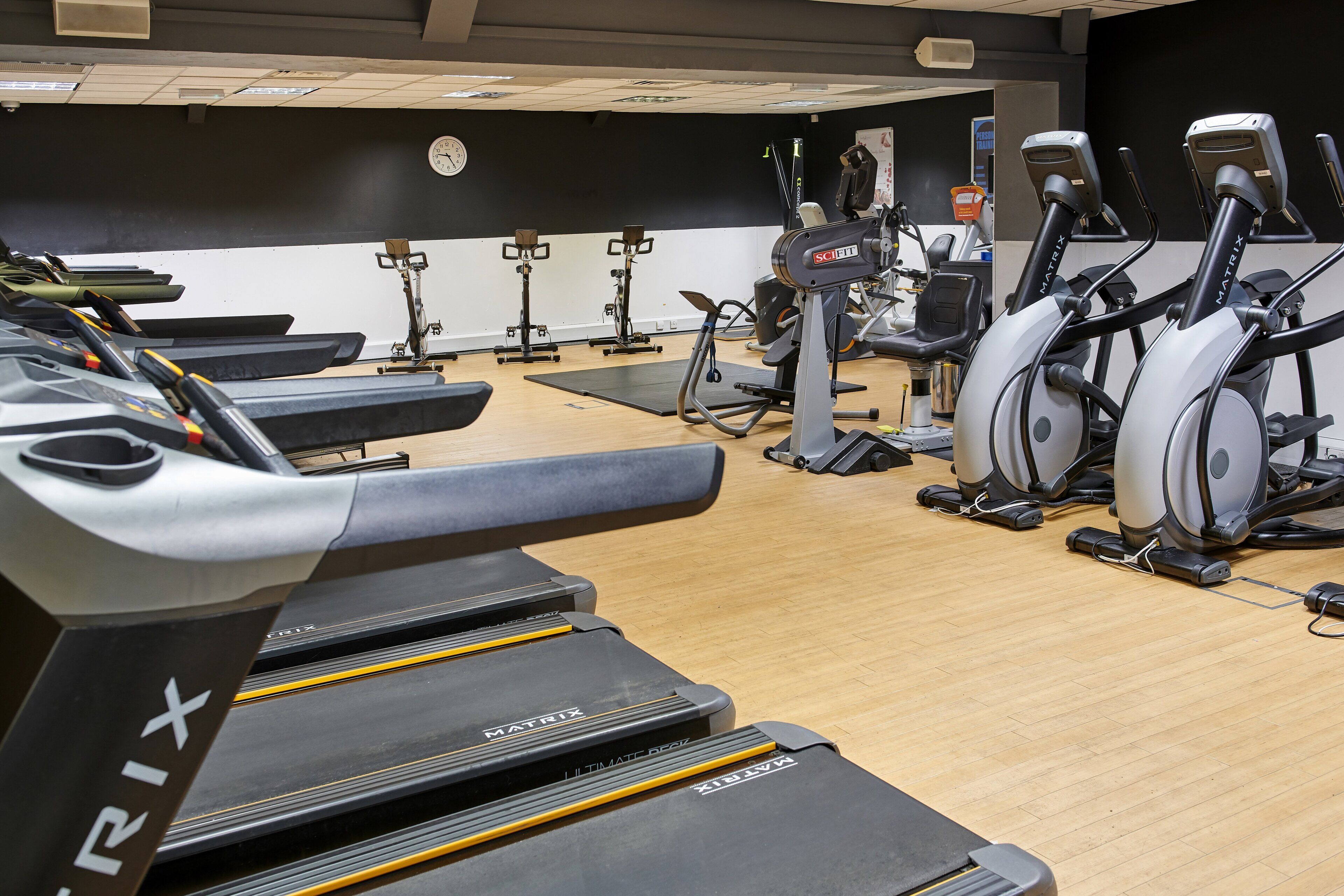 A gym with multiple treadmills, stationary bikes, and weight machines.