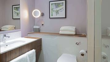 Une salle de bain moderne avec un meuble-lavabo, un évier, un miroir et des toilettes.