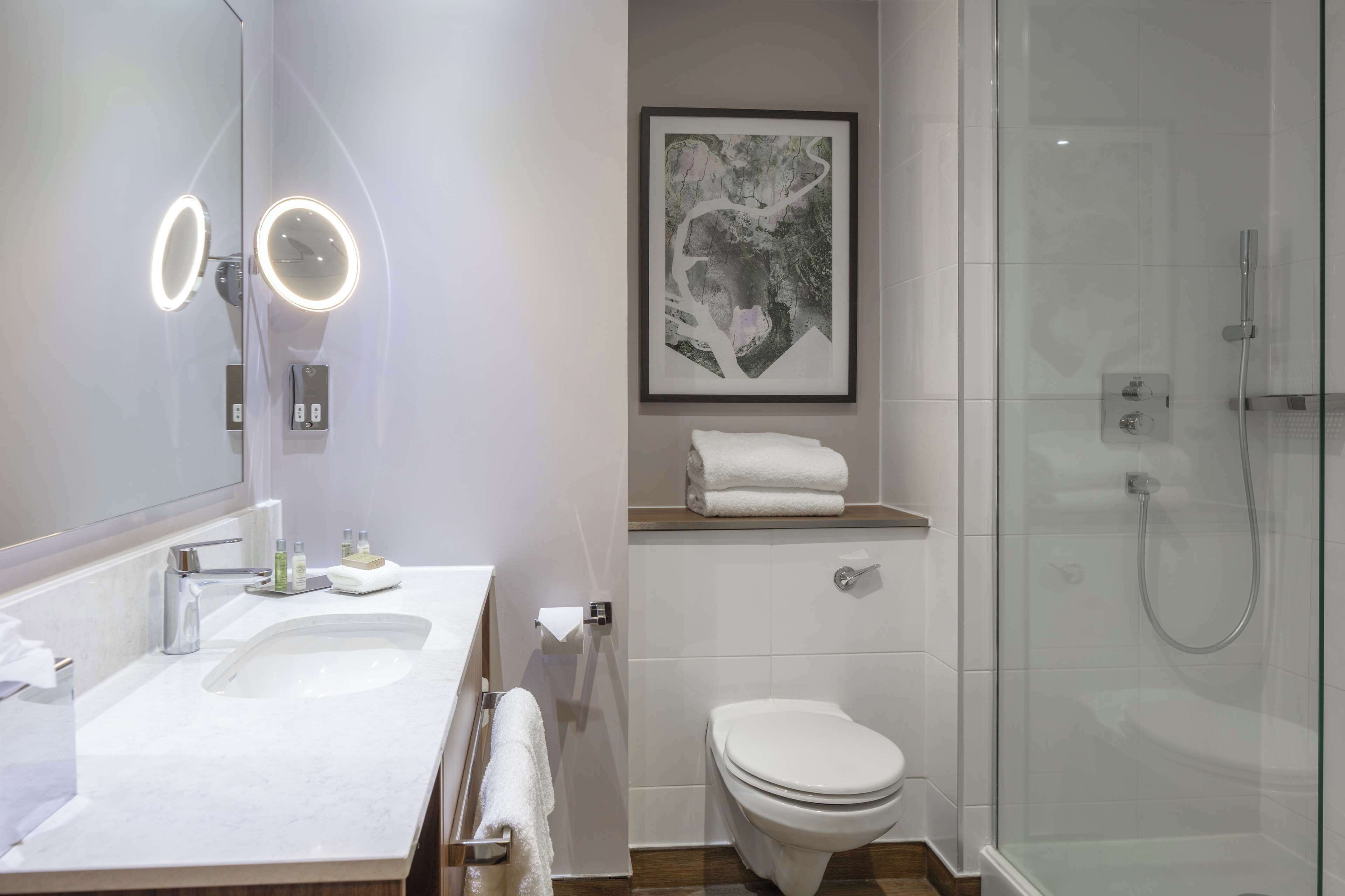 A modern bathroom with a double sink, a toilet, a glass-enclosed shower, and a framed abstract artwork on the wall.