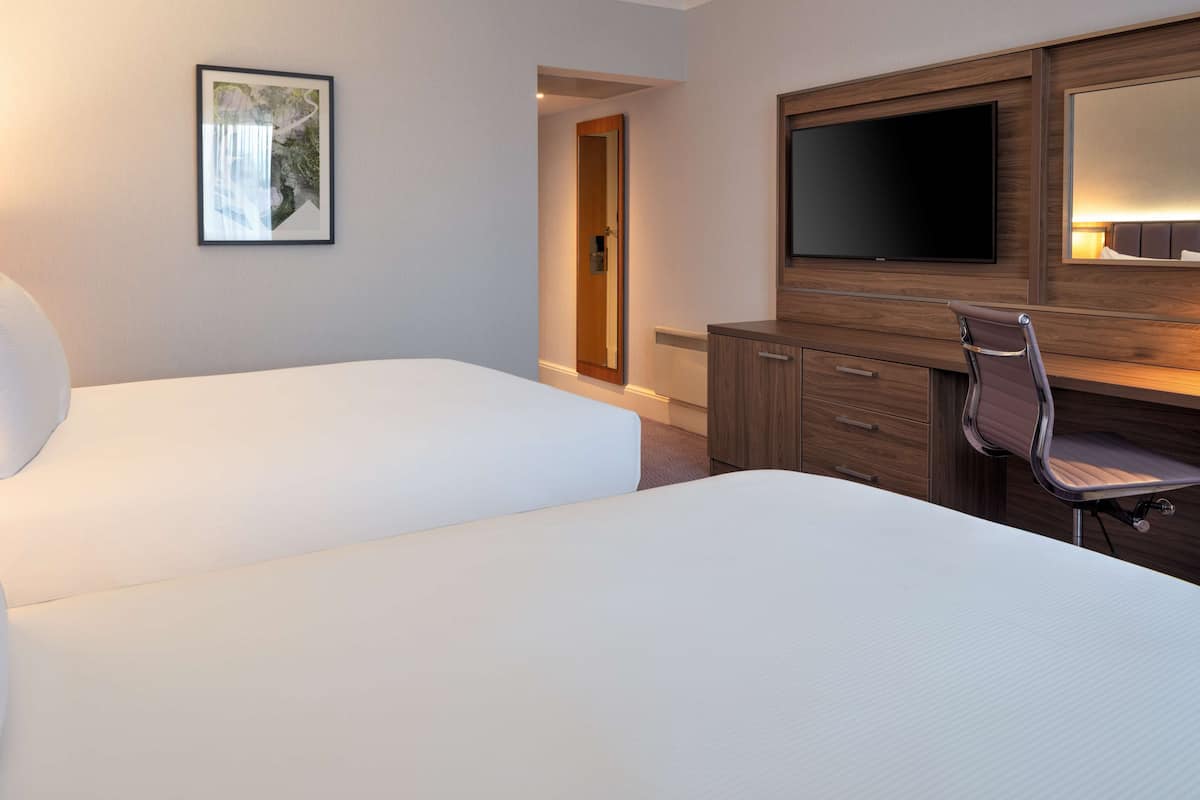 Une chambre d’hôtel avec deux lits, une télévision, un bureau avec une chaise et un tableau encadré au mur.