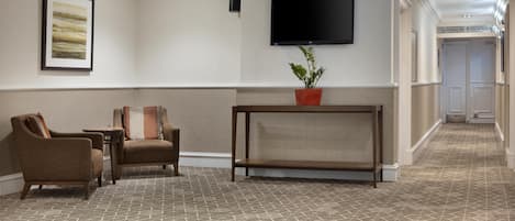 A hotel lobby with a patterned carpet, a flat-screen TV mounted on the wall, a potted plant on a console table, and two armchairs.