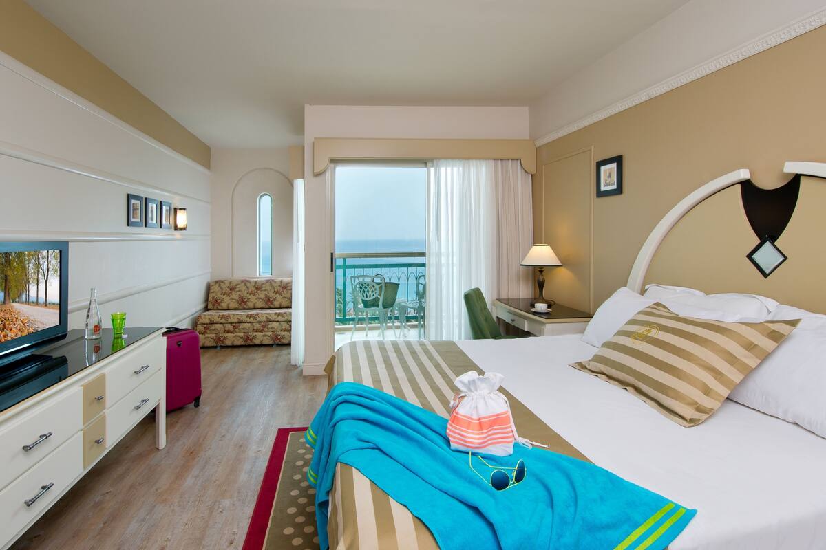 A hotel room with a bed, a desk, a chair, a TV, and a balcony with a view.
