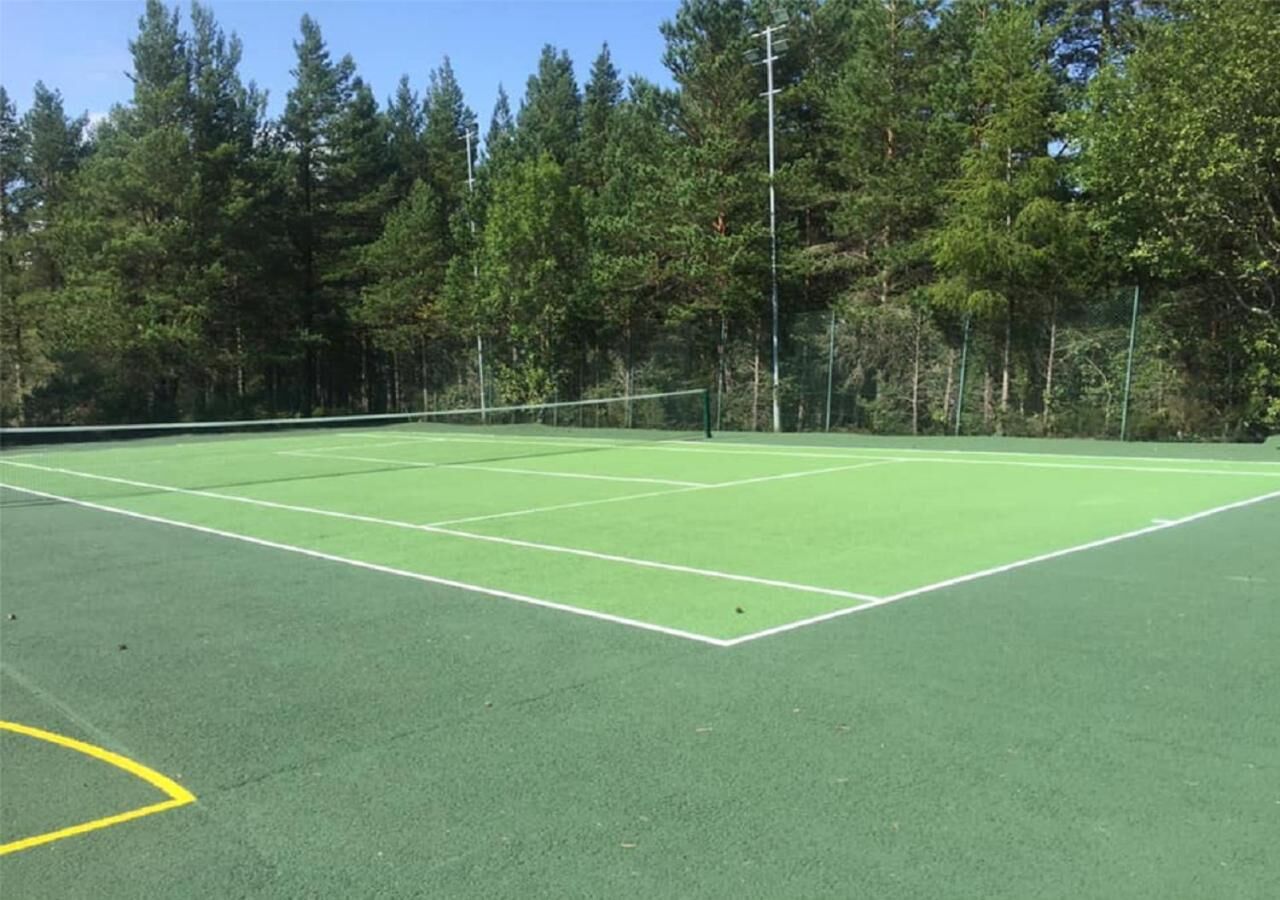 An outdoor tennis court with green artificial turf, surrounded by trees.