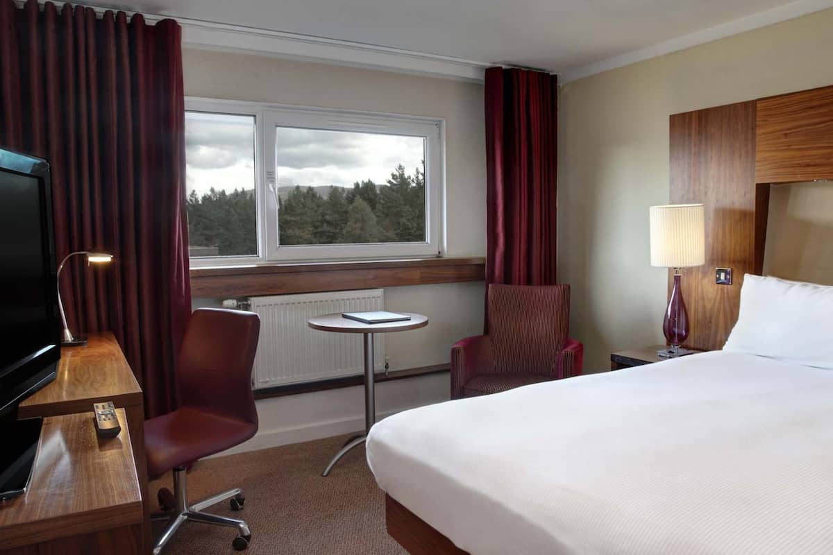 Quarto de hotel com uma cama, uma escrivaninha com televisão, uma cadeira, uma mesinha e um abajur.