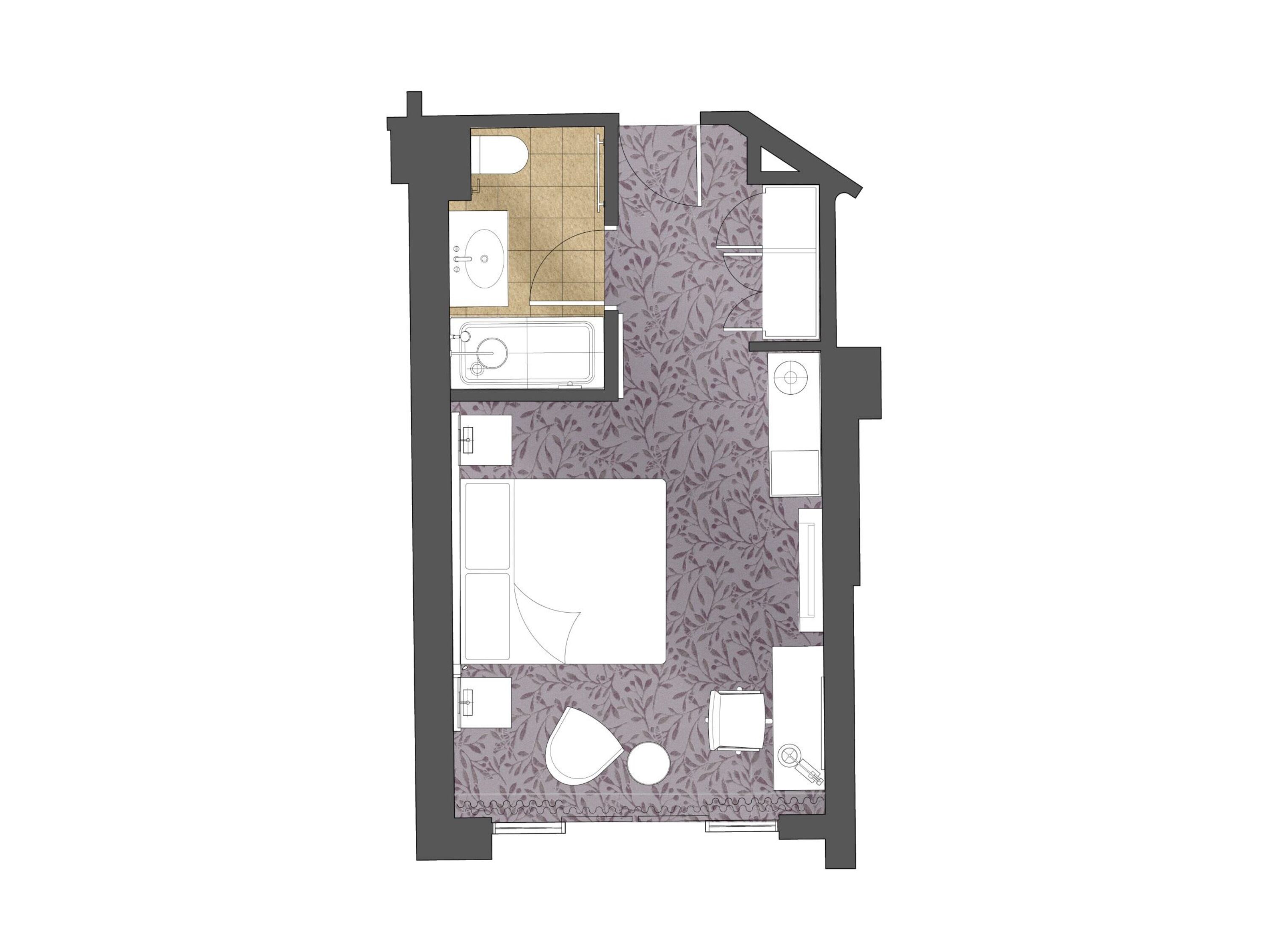 Plano de un cuarto de hotel con baño, zona de estar y una pequeña kitchenette.