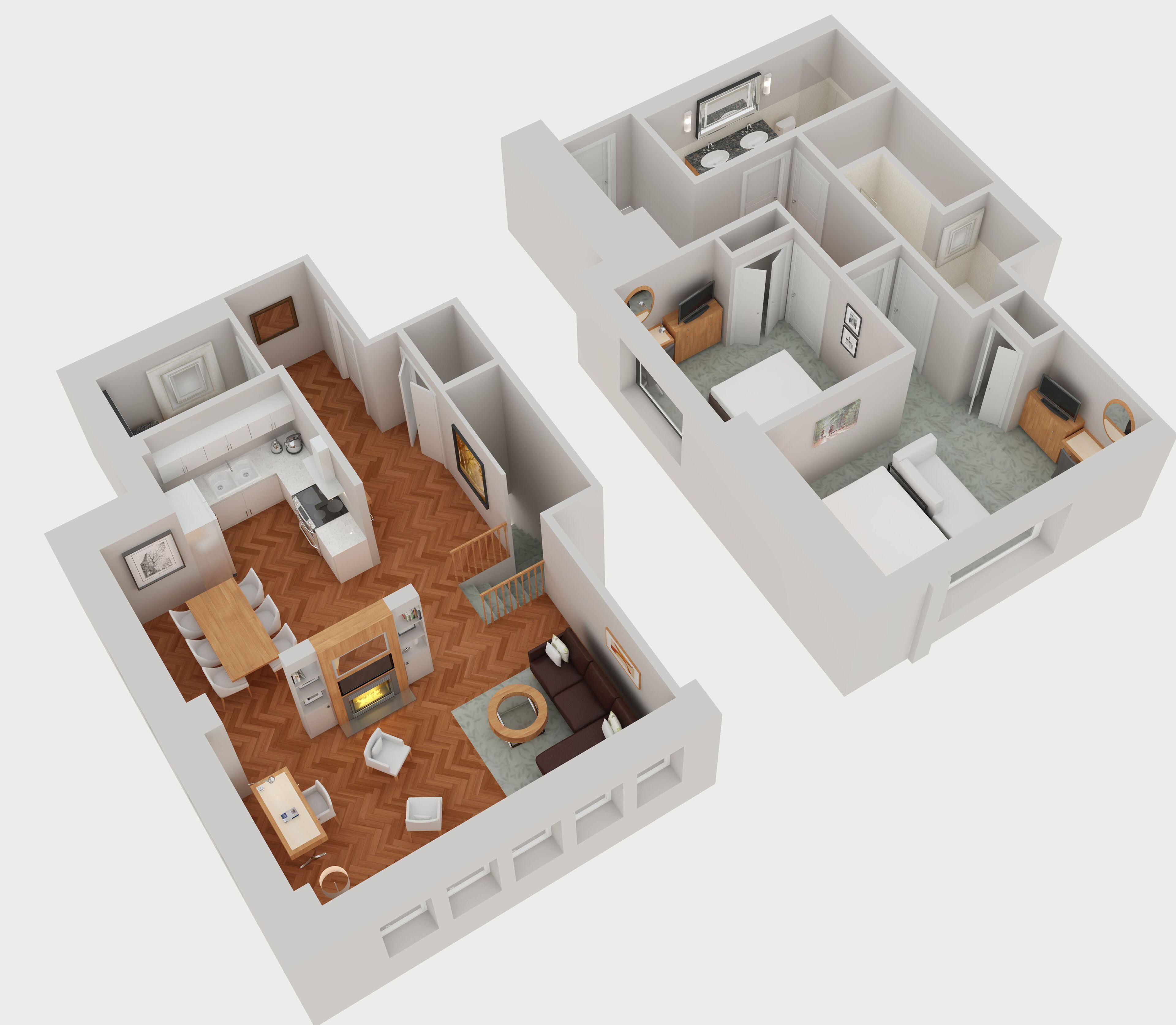 Un plan d’étage en 3D d’un appartement moderne comprenant une cuisine, un coin repas, un salon et deux chambres.