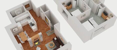 Un plan d’étage en 3D d’un appartement moderne comprenant une cuisine, un coin repas, un salon et deux chambres.