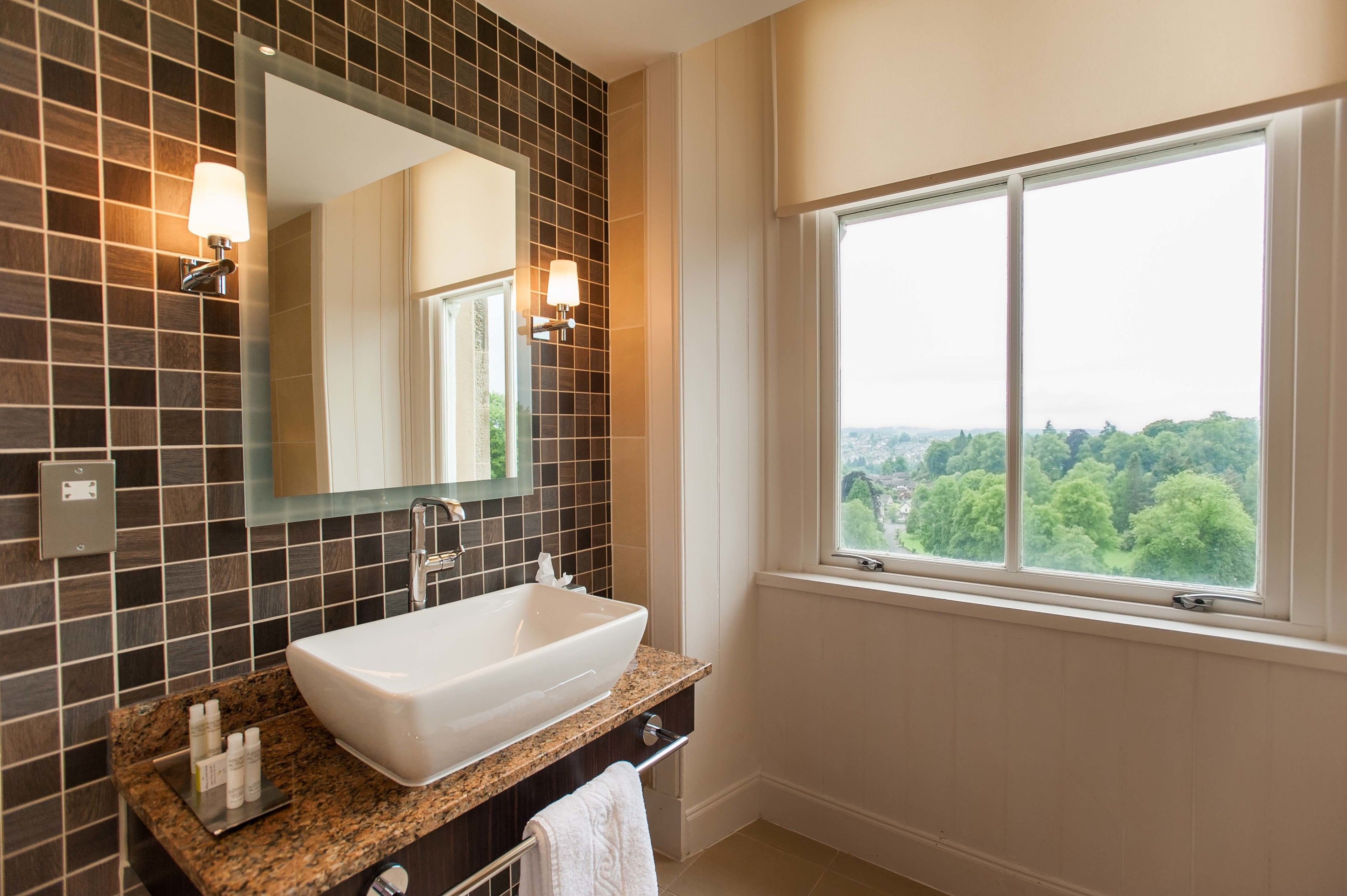 A bathroom with a large mirror, a white sink, and a window offering a view of trees.